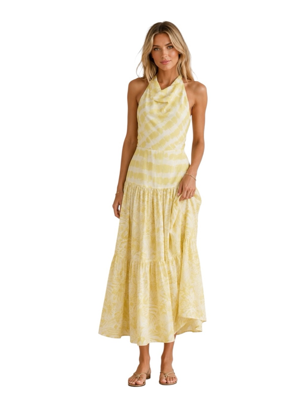 Banana Republic Silk Halter Midi Dress Yellow Tropical Print Size 0 Petite NWOT